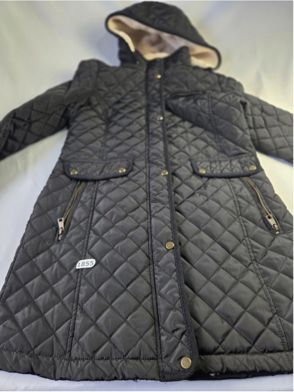 St. John’s Bay Women’s Quilted Hooded Coat Black Sherpa Lined Size M #1855